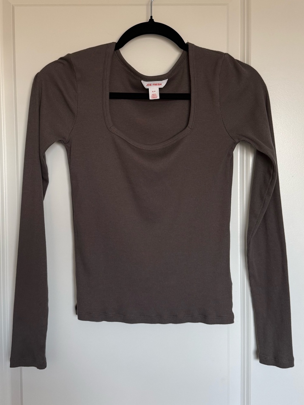 Joe Fresh Dark Grey Square Neck Ribbed Long Sleeve Top